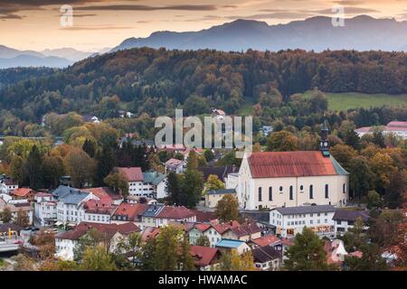 Germany, Bavaria, Bad Tolz, elevated town view from the Kalvarienberg, dusk Stock Photo