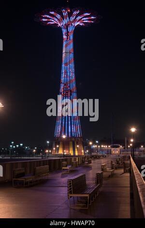 View on Coney Island Luna Park at night from Steeplechase Pier Stock Photo