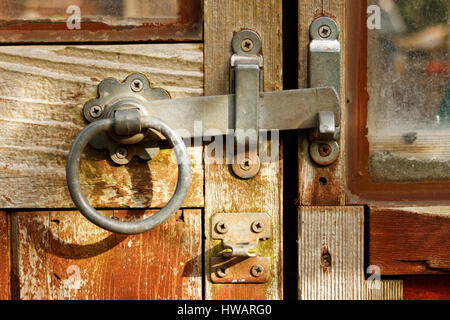 Greenhouse with old lock on wooden door Stock Photo