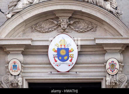 Coat of arms of Pope Francis on the portal of Sant Andrea della Valle Church in Rome, Italy on September 01, 2016. Stock Photo