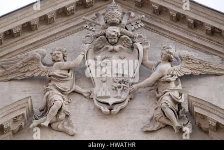 Coat of arms of Pope Alexander VII Chigi on the portal of Sant Andrea della Valle Church in Rome, Italy Stock Photo