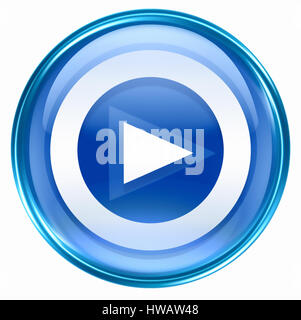 Play icon button blue, isolated on white background. Stock Photo