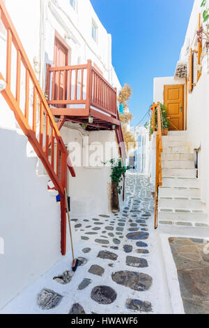 Whitewashed alleys in old town of Mykonos, Greece Stock Photo