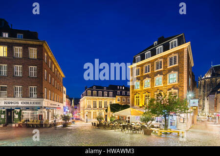 AACHEN - AUGUST 02: Restaurants and the Couven-Museum next to the old town hall of Aachen, Germany with night blue sky. Taken with a shift lens on Aug Stock Photo