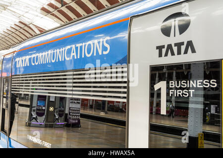 Tata Communications Heathrow Express train at Paddington Station, London, UK Stock Photo