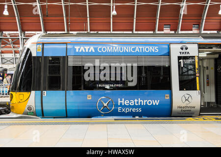 Tata Communications Heathrow Express train at Paddington Station, London, UK Stock Photo