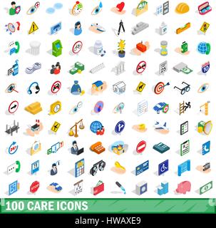 100 care icons set, isometric 3d style Stock Vector