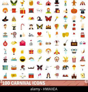 100 carnival icons set, flat style Stock Vector