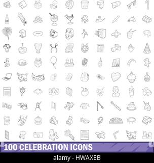 100 celebration icons set, outline style Stock Vector
