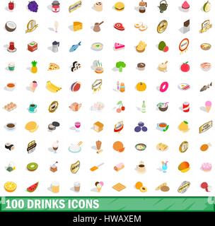 100 drinks icons set, isometric 3d style Stock Vector