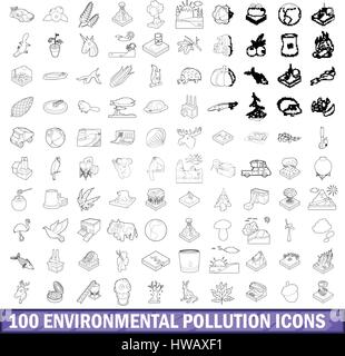 100 environmental pollution icons set Stock Vector