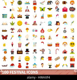 100 festival icons set, flat style Stock Vector