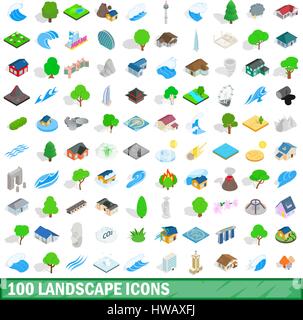 100 landscape icons set, isometric 3d style Stock Vector