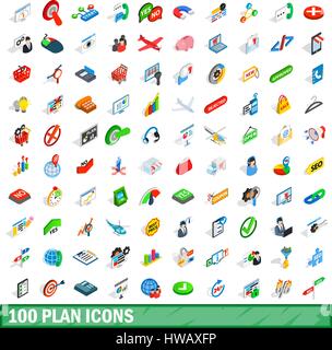 100 plan icons set, isometric 3d style Stock Vector