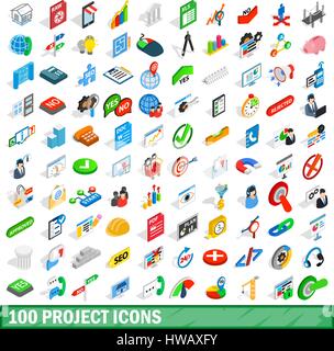 100 project icons set, isometric 3d style Stock Vector