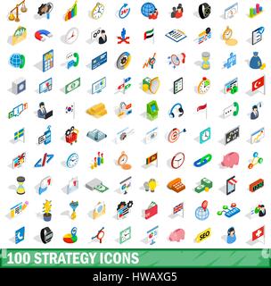 100 strategy icons set, isometric 3d style Stock Vector