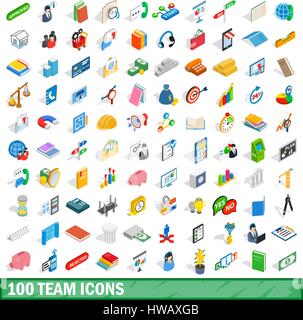 100 team icons set, isometric 3d style Stock Vector