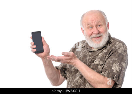 senior man showing something at smartphone screen, isolated on white Stock Photo