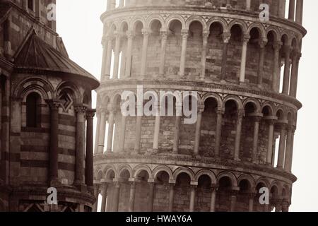 Leaning tower closeup view in Pisa, Italy as the worldwide known landmark. Stock Photo