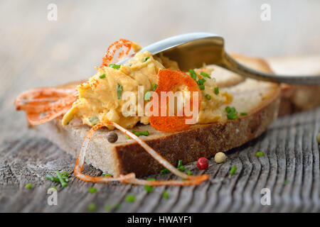 A Bavarian snack: So called Obazda - cheese specialty made of melted camembert with cream cheese and butter, onions, a splash of beer and some spices Stock Photo