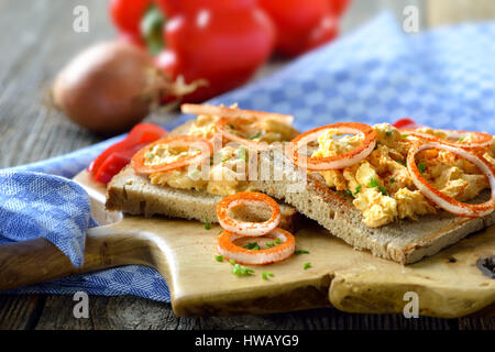 A Bavarian snack: So called Obazda - cheese specialty made of melted camembert with cream cheese and butter, onions, a splash of beer and some spices Stock Photo