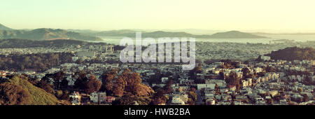 San Francisco downtown architecture at sunrise viewed from mountain top panorama. Stock Photo