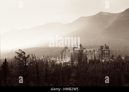 BANFF, AB, CANADA - SEP 4: Fairmont Hotel and mountain on September 4, 2015 in Banff, Canada. Fairmont hotel chain is known in Canada for its famous h Stock Photo