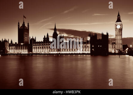 Big Ben and House of Parliament in London at dusk panorama. Stock Photo