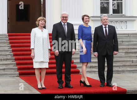 Berlin, Germany. 19th Mar, 2017. Outgoing German President Joachim Gauck (1st R) and his domestic partner Daniela Schadt (1st L) pose for photos with Germany's new President Frank-Walter Steinmeier (2nd L) and his wife Elke Buedenbender at the presidential residence of Bellevue Palace in Berlin, capital of Germany, on March 19, 2017. Credit: Shan Yuqi/Xinhua/Alamy Live News Stock Photo