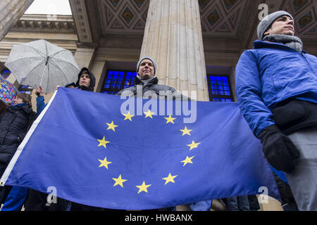 Berlin, Berlin, Germany. 19th Mar, 2017. Around 3000 - 4000 Pro-Europeans gather, despite the pouring rain, at Gendarmenmarkt for the fifth time. The organisers believe in the fundamental idea of the European Union and its reformability and development. Meeting appear every Sunday in several European cities. The mostly bourgeois demonstrators swish Europe fights and sing the 'Ode to Joy' (German: 'An die Freude') which is used as the Anthem of Europe by the Council of Europe in 1972, and subsequently the European Union. Credit: Jan Scheunert/ZUMA Wire/Alamy Live News Stock Photo