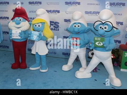 United Nations, New York, USA, 18 March 2017 - The Smurfs visit the UN Headquarters in New York to Celebrate the International Day Of Happiness. The Voice actors from the upcoming animated movie Smurfs: The Lost Village today joined officials from the United Nations, UNICEF and United Nations Foundation at the world body's headquarters to star a campaign promoting the Sustainable Development Goals (SDGs). Photo: Luiz Rampelotto/EuropaNewswire | usage worldwide Stock Photo
