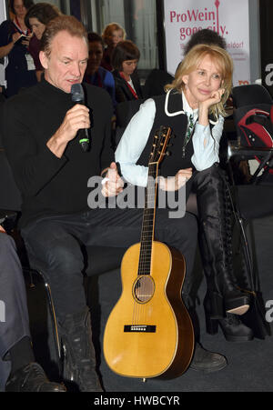 Duesseldorf, Germany. 19th Mar, 2017. The British rock star Sting and his wife Trudie Styler at the 'ProWein' trade fair in Duesseldorf, Germany, 19 March 2017. They held a press conference on their winery in Tuscany and their wines 'Message in a bottle', 'Sister Moon' and 'When we dance' Photo: Horst Ossinger//dpa/Alamy Live News Stock Photo