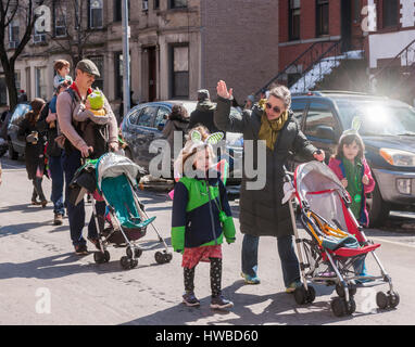 New York, USA. 19th March, 2017. Marchers celebrate St. Patrick's Day at the 42nd Annual Irish-American Parade in the Park Slope neighborhood of Brooklyn in New York on Sunday, March 19, 2017. The family friendly event in the family friendly Park Slope neighborhood attracts hundreds of onlookers and marchers as it wound its way through the Brooklyn neighborhood. New York has multiple St. Patrick's Day Parades, at least one in each of the five boroughs. Credit: Richard Levine/Alamy Live News Stock Photo