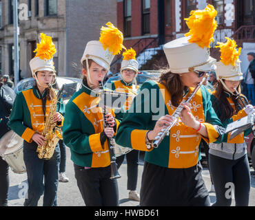 New York, USA. 19th March, 2017. Marching band celebrates St. Patrick's Day at the 42nd Annual Irish-American Parade in the Park Slope neighborhood of Brooklyn in New York on Sunday, March 19, 2017. The family friendly event in the family friendly Park Slope neighborhood attracts hundreds of onlookers and marchers as it wound its way through the Brooklyn neighborhood. New York has multiple St. Patrick's Day Parades, at least one in each of the five boroughs. Credit: Richard Levine/Alamy Live News Stock Photo