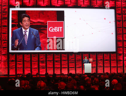 Hanover, Germany. 19th Mar, 2017. Prime Minister of Japan Shinzo Abe speaking at the opening of the CeBIT trade fair in Hanover, Germany, 19 March 2017. Japan is the partner country of the 2017 CeBIT. Photo: Friso Gentsch/dpa/Alamy Live News