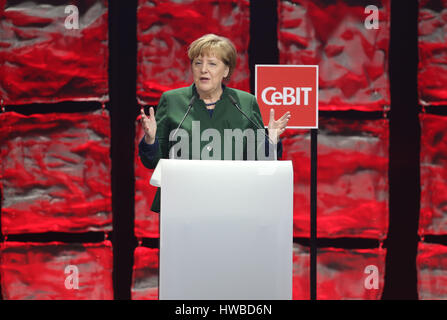 Hanover, Germany. 19th Mar, 2017. German Chancellor Angela Merkel (CDU) speaking at the opening of the CeBIT trade fair in Hanover, Germany, 19 March 2017. Japan is the partner country of the 2017 CeBIT. Photo: Friso Gentsch/dpa/Alamy Live News