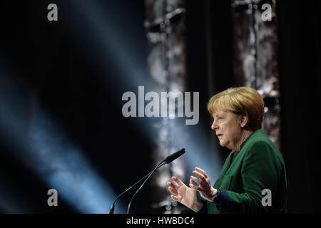 Hanover, Germany. 19th Mar, 2017. German Chancellor Angela Merkel (CDU) speaking at the opening of the CeBIT trade fair in Hanover, Germany, 19 March 2017. Japan is the partner country of the 2017 CeBIT Photo: Peter Steffen/dpa/Alamy Live News