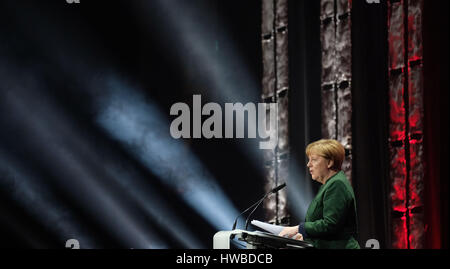 Hanover, Germany. 19th Mar, 2017. German Chancellor Angela Merkel (CDU) speaking at the opening of the CeBIT trade fair in Hanover, Germany, 19 March 2017. Japan is the partner country of the 2017 CeBIT Photo: Peter Steffen/dpa/Alamy Live News