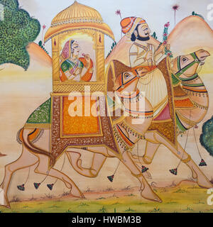 Wall art in Gujarat state in western India, displaying the characteristic level of detail shown by traditional Indian miniature painting Stock Photo