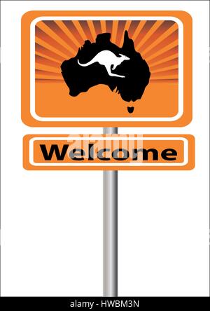 Welcome sign with map of Australia  and kangaroo with rays in background Stock Vector