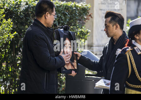 The funeral of Chinese student Zhang Yao in Tor Sapienza, Rome, Italy. The Chinese student was hit by a train while pursuing muggers. The body of the missing 21-year-old Chinese Fine Art student from Hohhot, Zhang Yao, was found on December 9th 2016 in a ditch, where it had apparently landed after being struck by the train. The train crew were unaware the of the accident. Her body was found in a bush next to the railway line that runs adjacent to the via Salvati traveller camp.  Featuring: Zhang Yao's Father Where: Rome, Italy When: 15 Feb 2017 Credit: IPA/WENN.com  **Only available for public Stock Photo