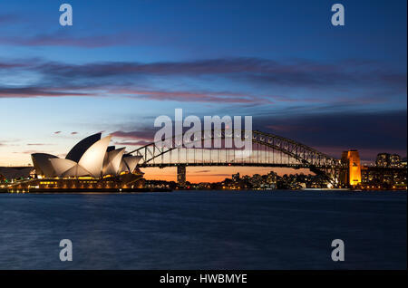 Sydney Opera House and Harbour Bridge at Dusk, Sydney, Australia Stock Photo