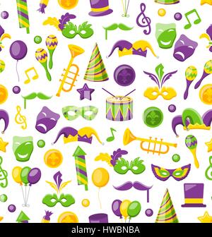 Seamless Texture with Set Carnival and Mardi Gras Icons and Objects Stock Vector