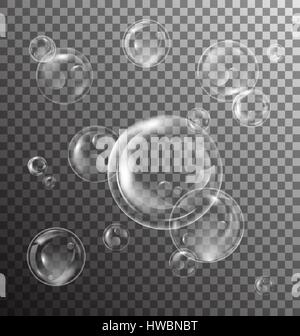Realistic Transparent Soap Bubbles with Reflection on Checkered Background Stock Vector