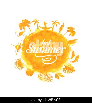 Tropical summer beach party poster design. Illustration of palm trees with halftone effect on striped colorful sunset background Stock Vector