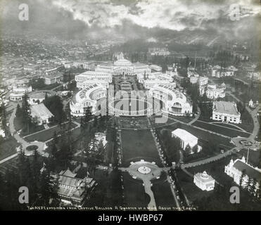 Antique 1909 photograph, 'The AYP Exposition from the Captive Balloon a Quarter of a Mile Above the Earth.' The Alaska–Yukon–Pacific Exposition was a world's fair held in Seattle in 1909, publicizing the development of the Pacific Northwest. The fairgrounds became the campus of the University of Washington. SOURCE: ORIGINAL GLASS NEGATIVE. Stock Photo
