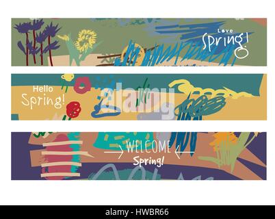 Abstract set horizontal banners spring floral art and sign. Stock Vector