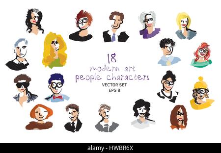 Set modern art people faces icon character. Stock Vector