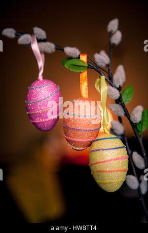 Three colored easter eggs hanging in a willow twig, easter decoration concept Stock Photo