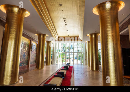 Miami Beach Florida,Faena District,Collins Avenue,Faena Hotel,hotel,5 star,lobby,wall mural,Juan Gatti,gold leaf,columns,decor,FL170205022 Stock Photo